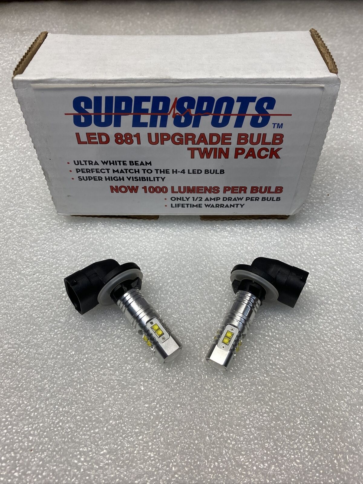 1000 LUMENS SUPERSPOTS LED 881 PAIR SET BULBS HARLEY HEADLIGHT H-4 UPGRADE  SM11 - Fresh Stock Dated February 2026