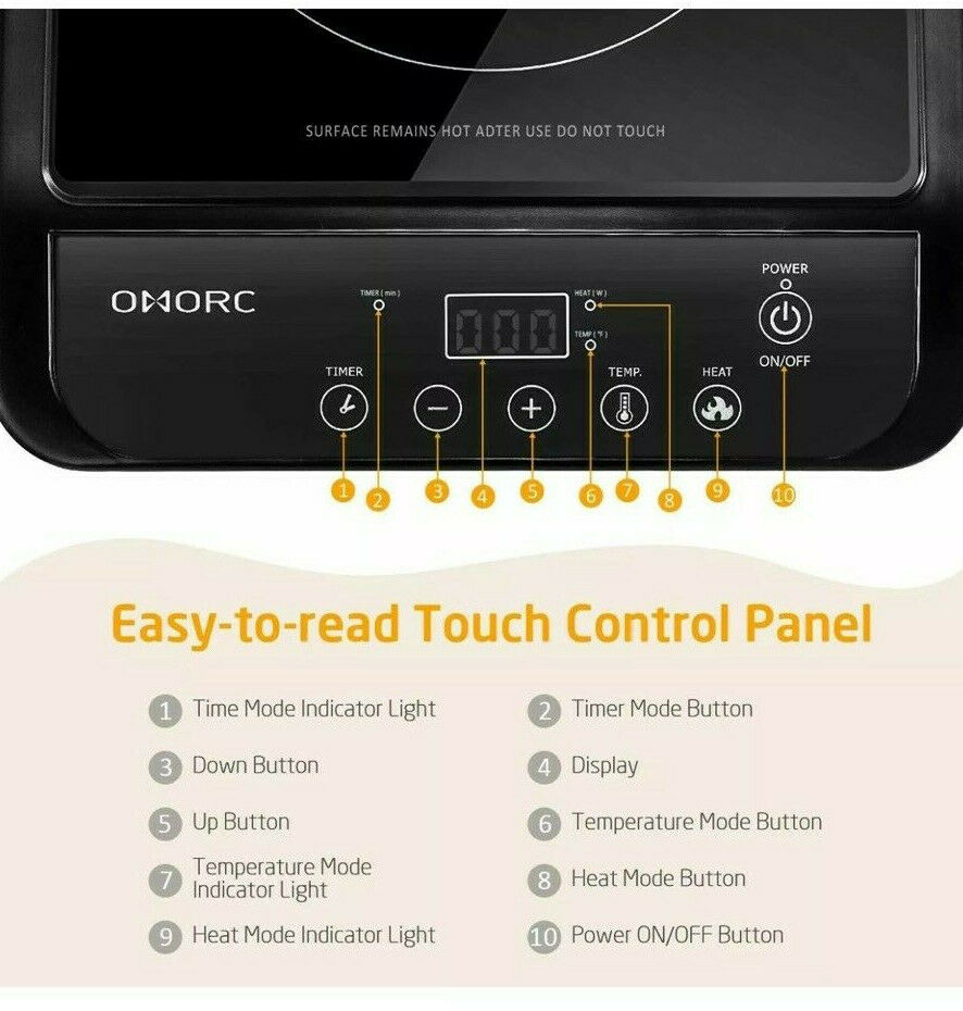 OMORC Portable Induction Cooktop Touch-Control Countertop Burner 10 Power Levels - Fresh Stock Dated December 2025