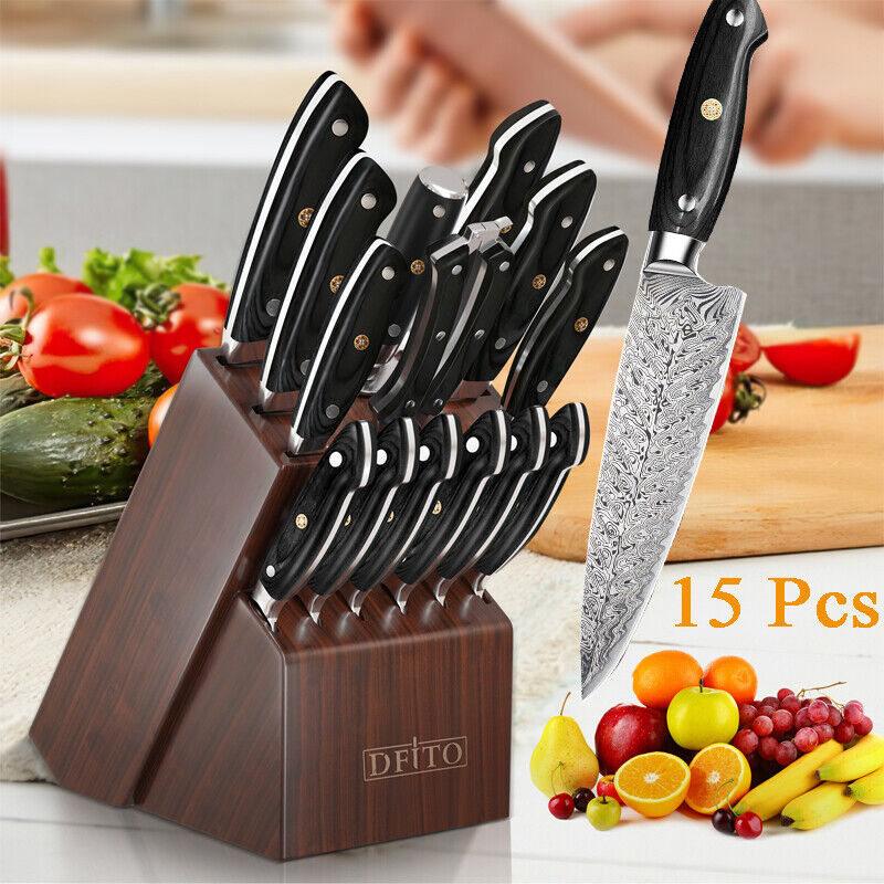 15 Pcs Kitchen Knife Set with Wooden Block Japan Carbon Stainless Steel Knives - Fresh Stock Dated December 2025