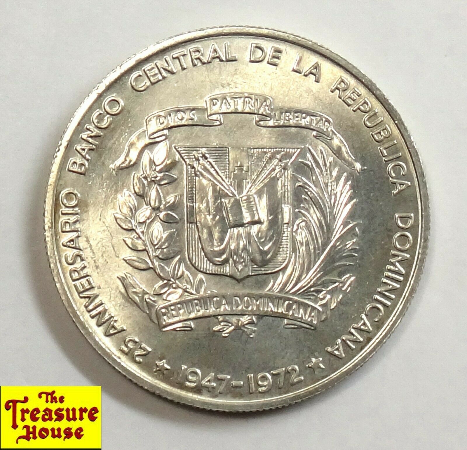 1972 Dominican Republic UN PESO Central Bank 25th Anniversary 90% Silver Coin BU - Fresh Stock Dated February 2026