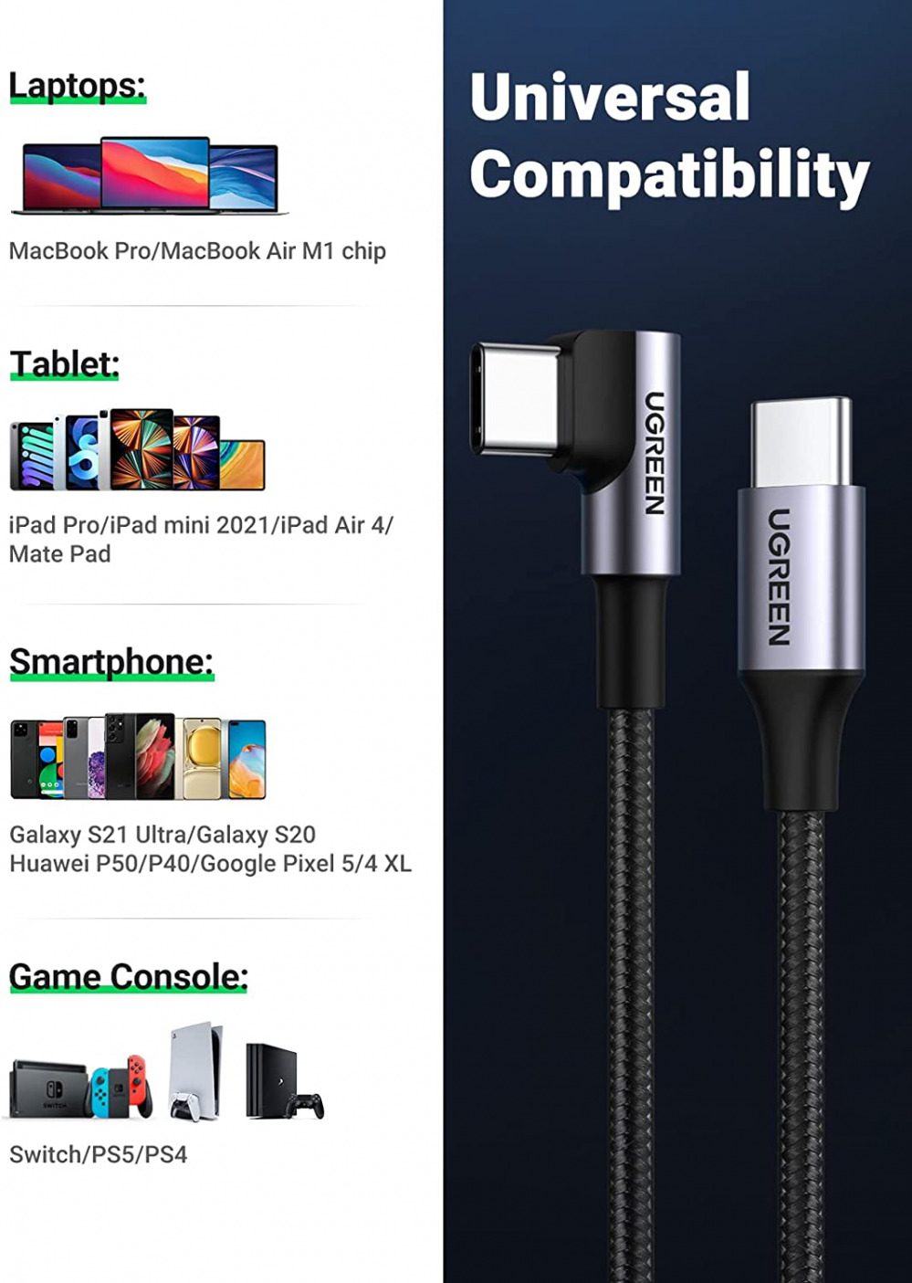 UGREEN USB C to C Cable Right Angle 2 Pack, Type C 60W PD Fast 6FT, Black - Fresh Stock Dated February 2026