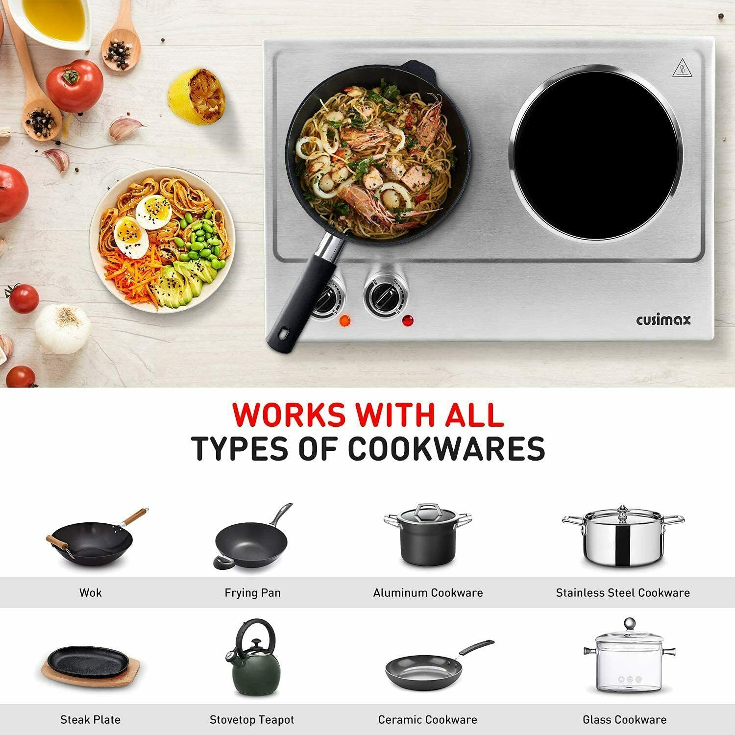 Cusimax Hot Plate, 1800W Ceramic Electric Double Burner for Cooking, Infrared - Fresh Stock Dated December 2025