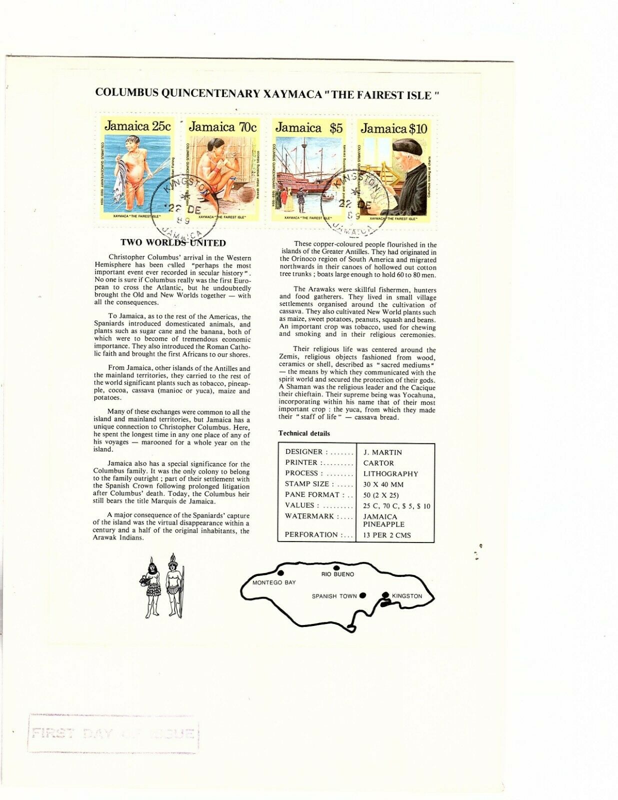 Jamaica stamp 1989 Columbus The Fairest Isle MNH Sheet and FDC  (mb12 - Fresh Stock Dated December 2025