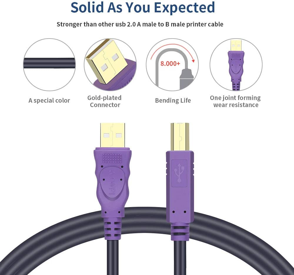 WAWPI Printer Cable 20 feet, USB 2.0 A-Male to B-Male 20 Feet/6m, 20 ft - Fresh Stock Dated February 2026