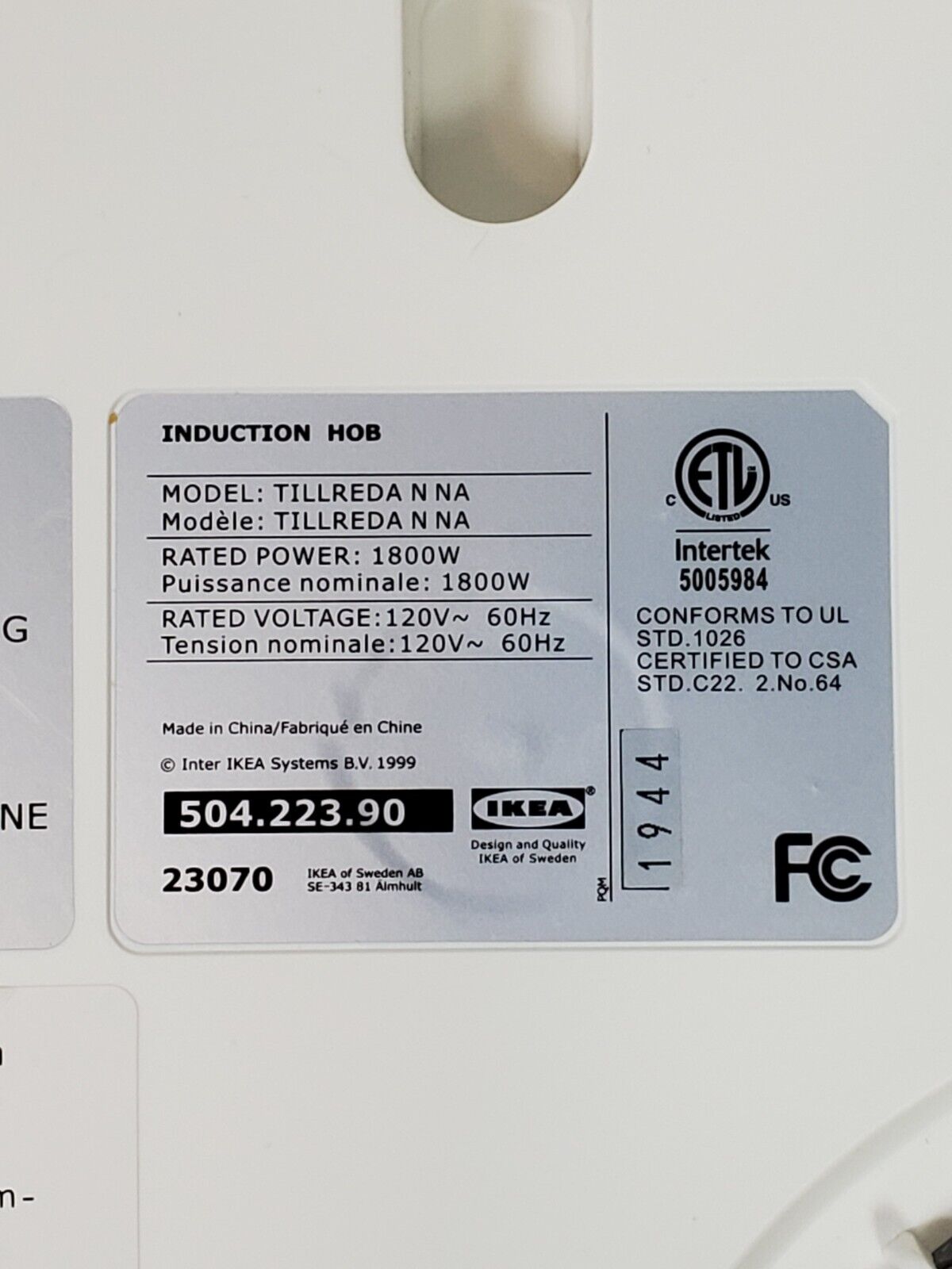 Ikea TILLREDA Portable Induction HOB Cooktop Burner 1800W Stovetop Black White - Fresh Stock Dated February 2026