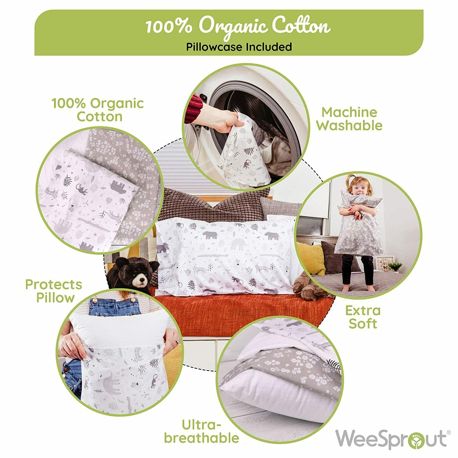WeeSprout Toddler Pillow - Organic Cotton Shell & Pillowcase, Low Loft - Fresh Stock Dated December 2025