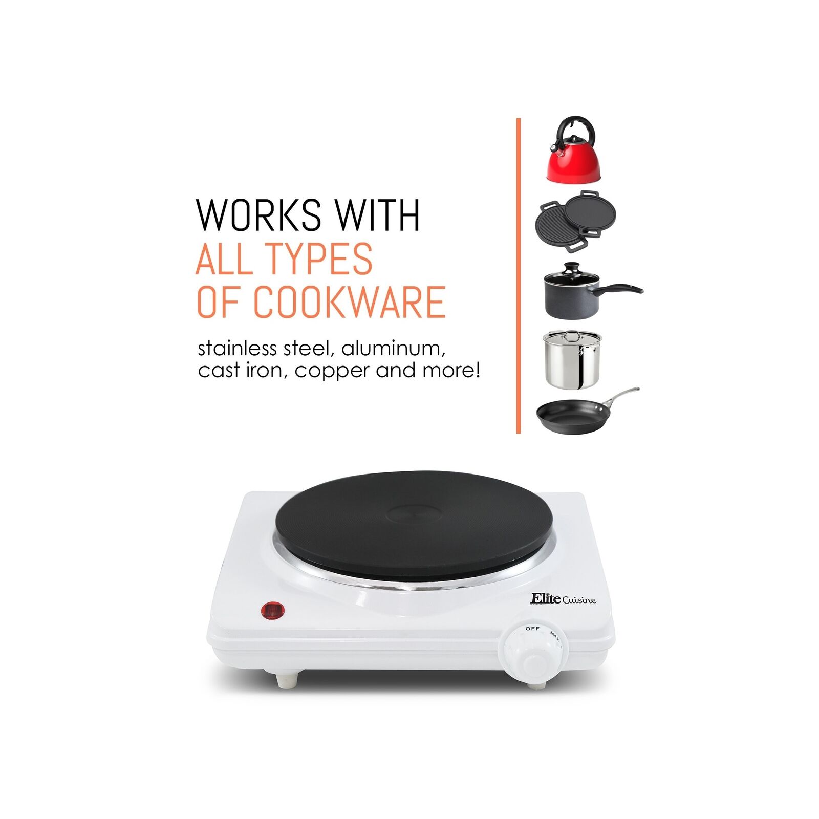 Elite Cuisine ESB-301F Single Electric Flat Cast Iron Heating Plate Burner, P... - Fresh Stock Dated February 2026