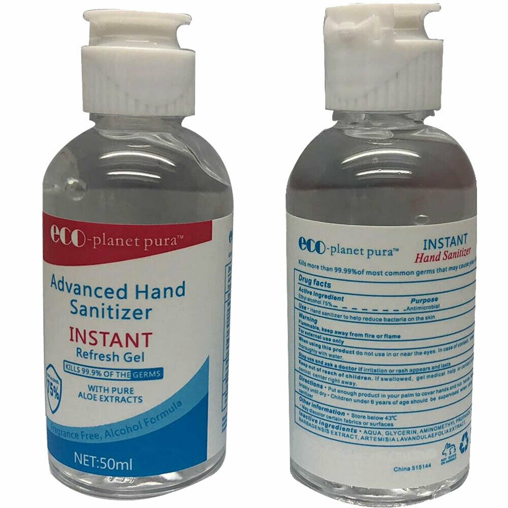 288x Eco-Planet Pura Hand Sanitizer Gel 75% Alcohol w Aloe 1.7oz Bottle (50ml) - Fresh Stock Dated February 2026