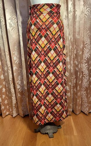 Vtg 60s 70s Boho Wool Geometric Plaid High-Waist Slit Maxi Skirt Mod 1960s S - Fresh Stock Dated March 2026