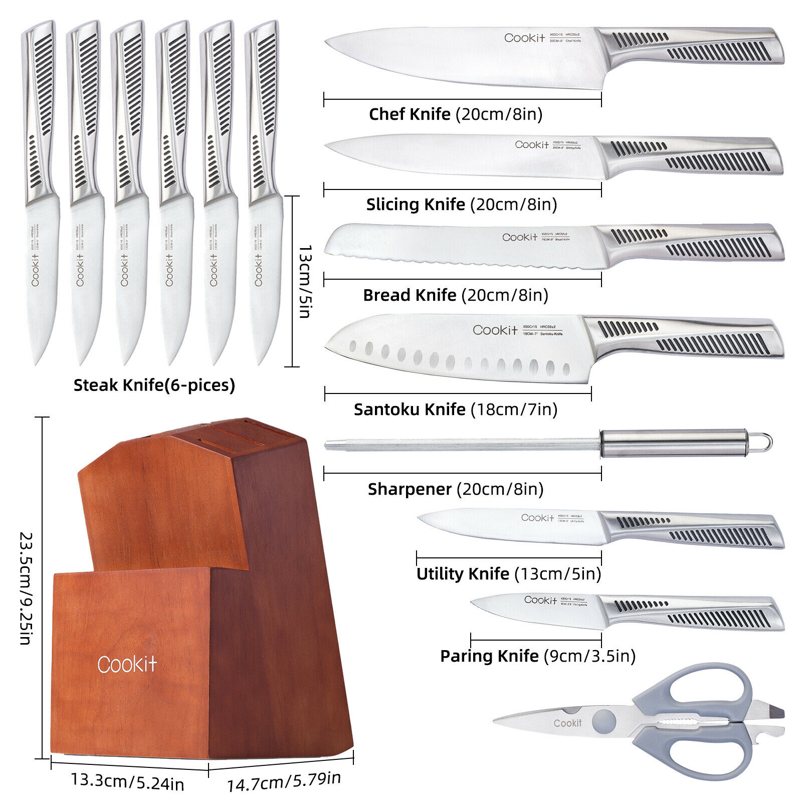 Cookit Knife Sets, 15 Piece Kitchen Knives Set with Block, German Stainless - Fresh Stock Dated December 2025