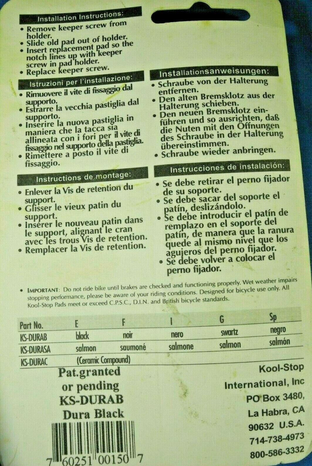 Kool Stop Dura-Type Brake Pads DRY Conditions Road Bike for SRAM/Shimano - Black - Fresh Stock Dated February 2026