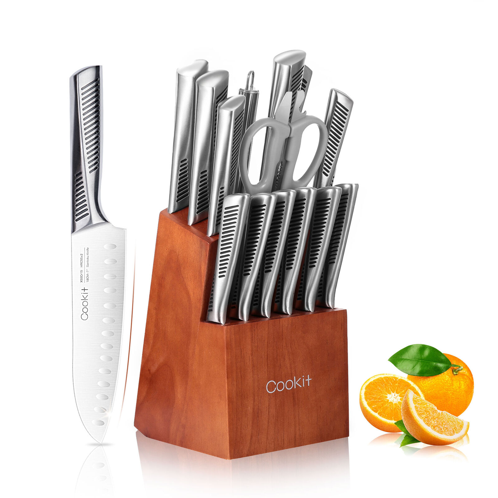 Cookit Knife Sets, 15 Piece Kitchen Knives Set with Block, German Stainless - Fresh Stock Dated December 2025