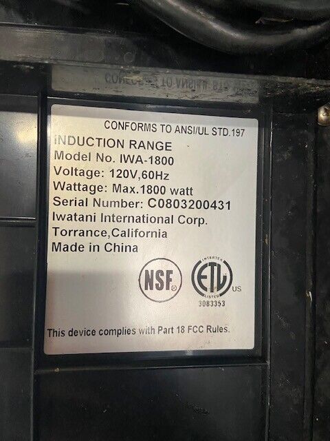 Iwatani IWA-1800 1800 Watt Table Top Induction Unit Electric 1 Burner Hot Plate - Fresh Stock Dated February 2026