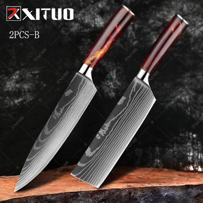 XITUO 1-10PCS  kitchen knives Set Laser Damascus pattern chef knife Sharp Santok - Fresh Stock Dated December 2025
