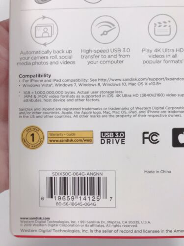 SanDisk iXpand 64GB USB 3.0 Flash Drive For iPhone and iPad - Fresh Stock Dated December 2025