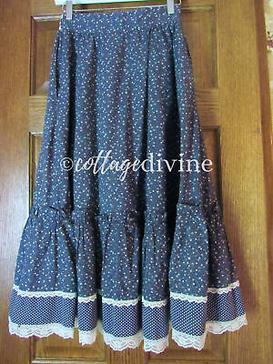 Navy Floral Dot Gunne Sax Gunnies Vtg 1970s Calico Velvet Ruffle Prairie Skirt - Fresh Stock Dated February 2026