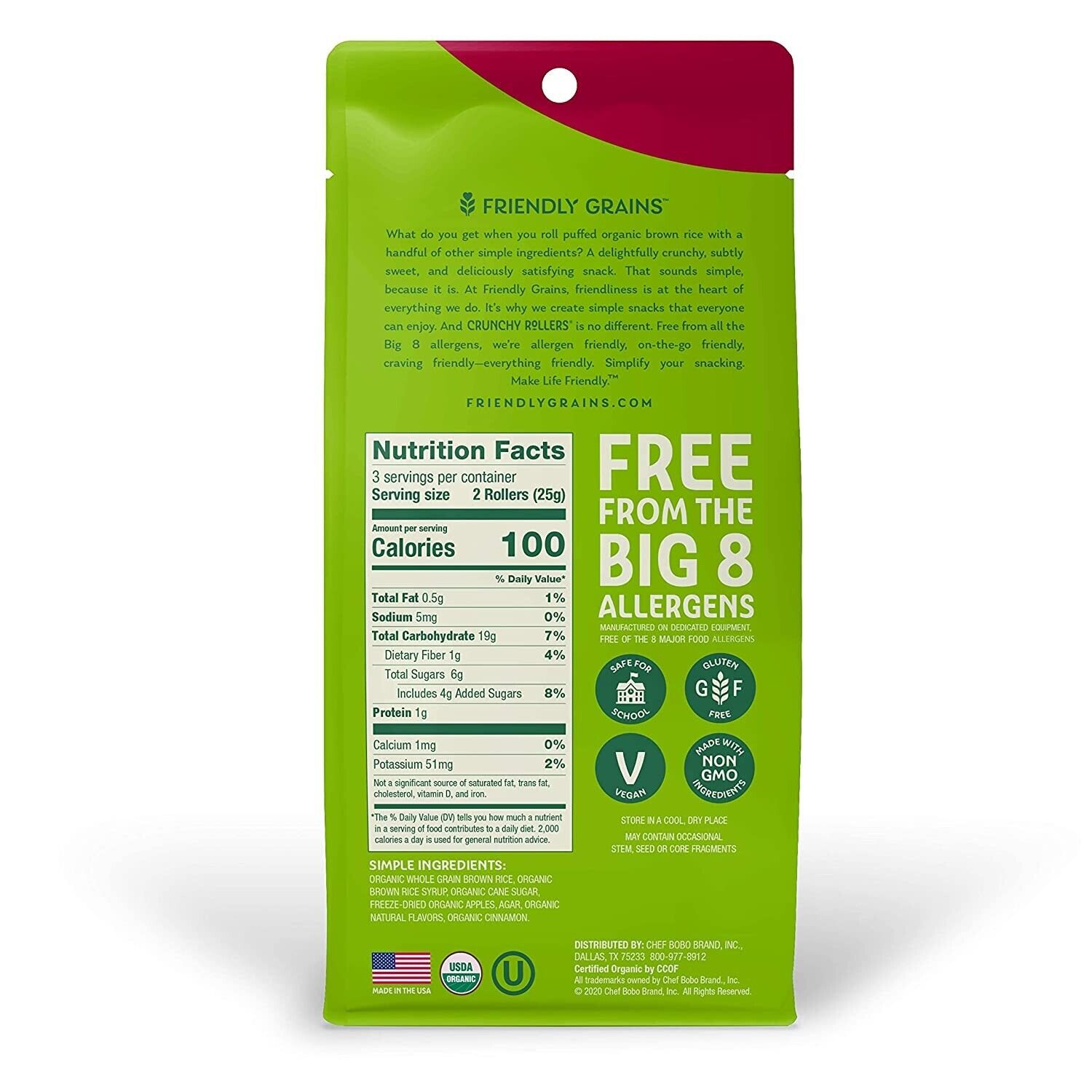 Friendly Grains - Crunchy Rollers - Organic Rice Snacks - Apple Cinnamon (4 pack - Fresh Stock Dated February 2026