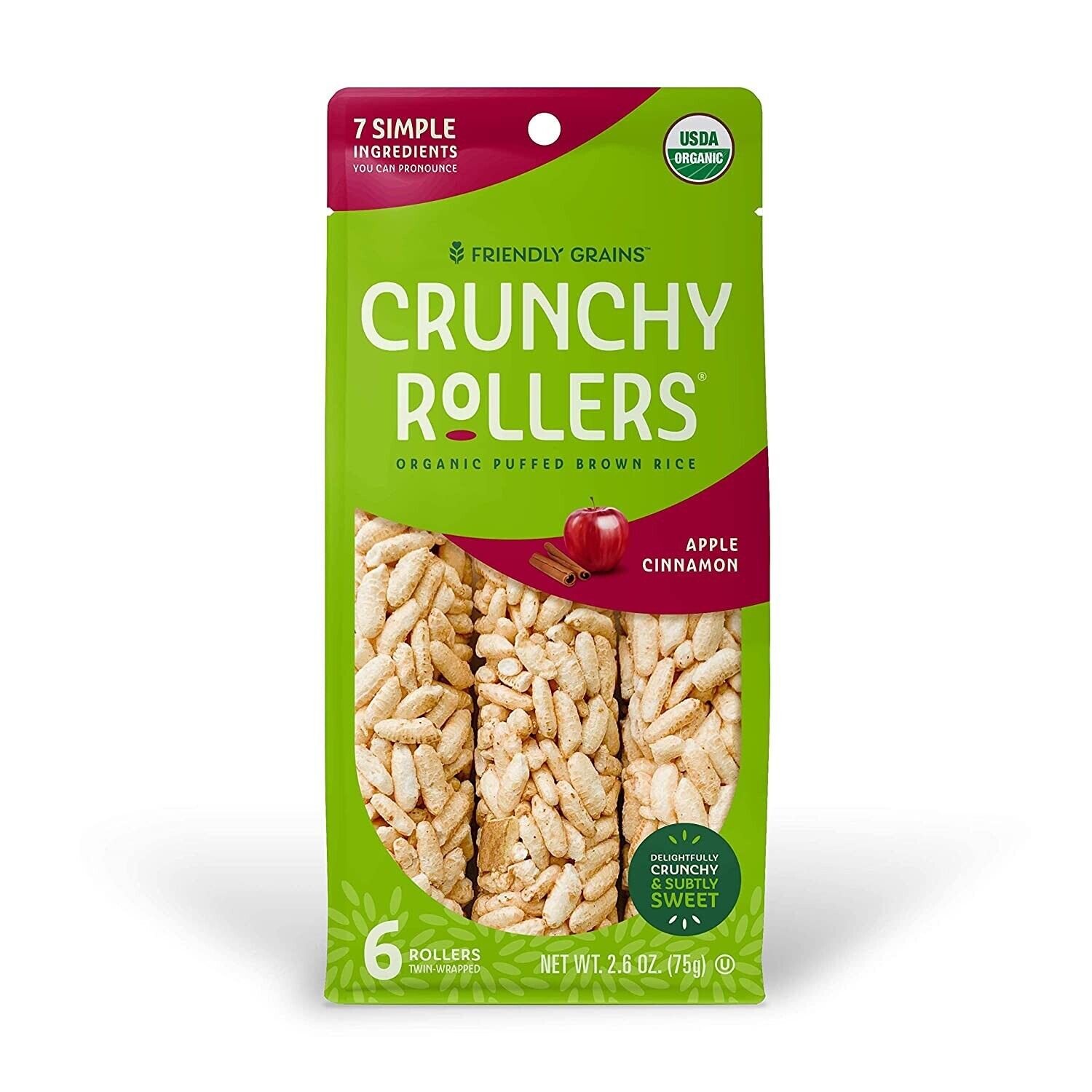Friendly Grains - Crunchy Rollers - Organic Rice Snacks - Apple Cinnamon (4 pack - Fresh Stock Dated February 2026