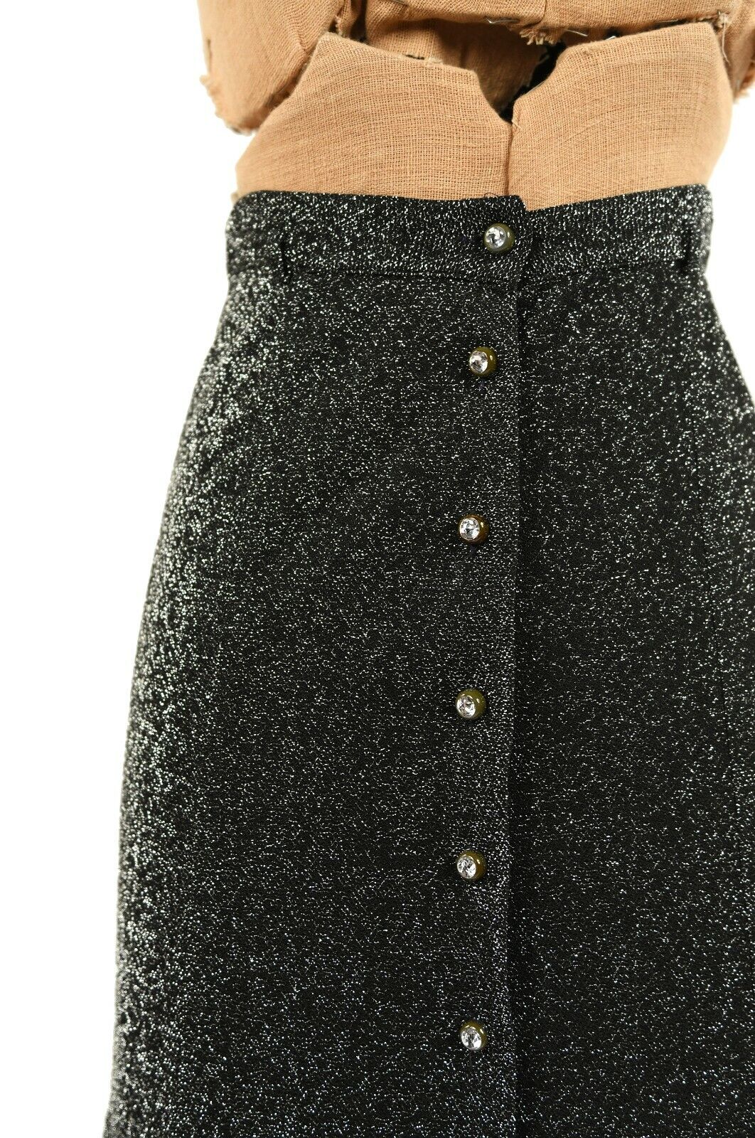 Vintage 70s Black Metallic Silver Lurex High Waist Button Down Mini Disco Skirt - Fresh Stock Dated March 2026