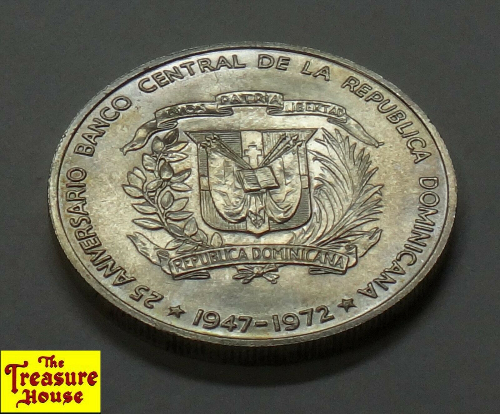 1972 Dominican Republic UN PESO Central Bank 25th Anniversary 90% Silver Coin BU - Fresh Stock Dated February 2026