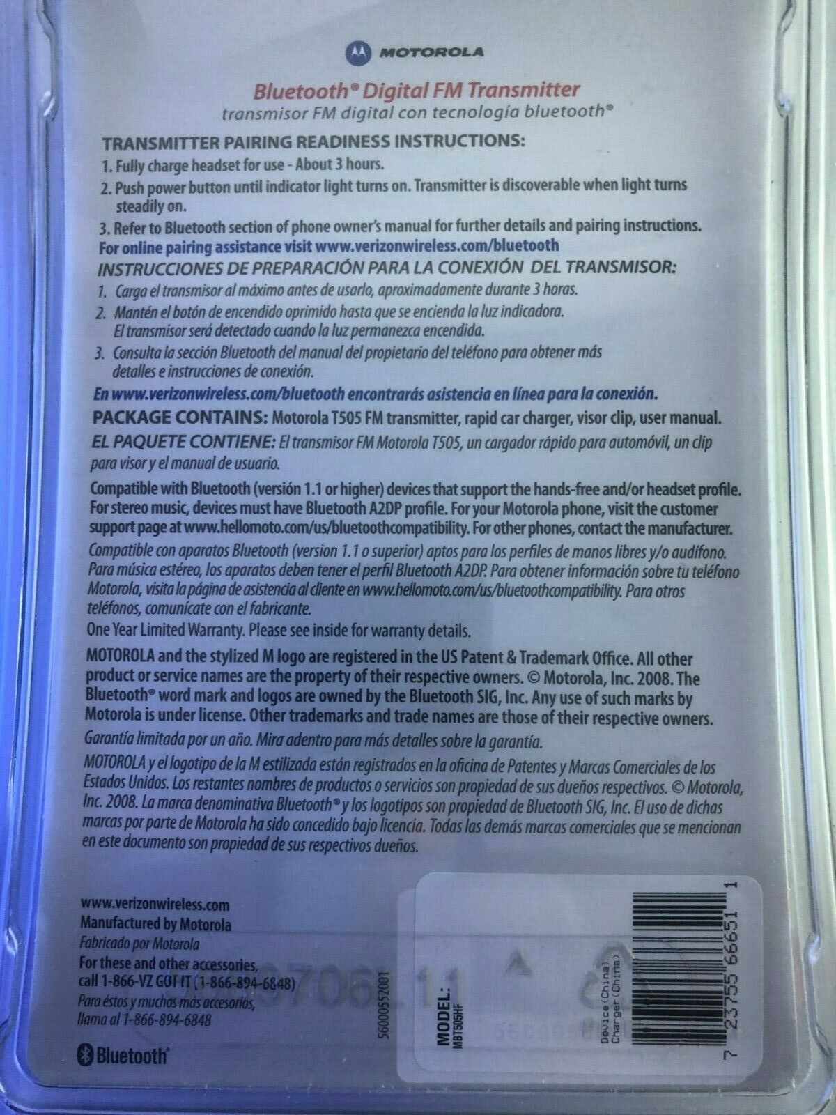 Motorola MBT505HF Bluetooth Digital FM Transmitter / SYN1717A - Fresh Stock Dated February 2026