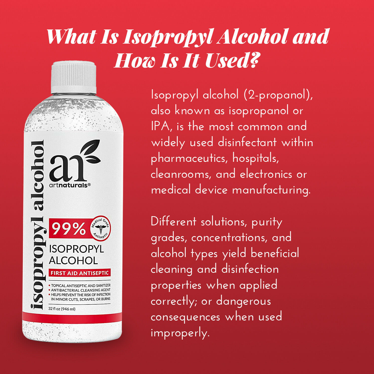 ArtNaturals Rubbing Isopropyl Alcohol - 99% Pure (Pack of 4 Quarts) - 1 Gallon - Fresh Stock Dated February 2026