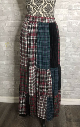 Vtg Patchwork Plaid & Velvet Maxi Full Circle Skirt Boho Gypsy Women's Large - Fresh Stock Dated February 2026