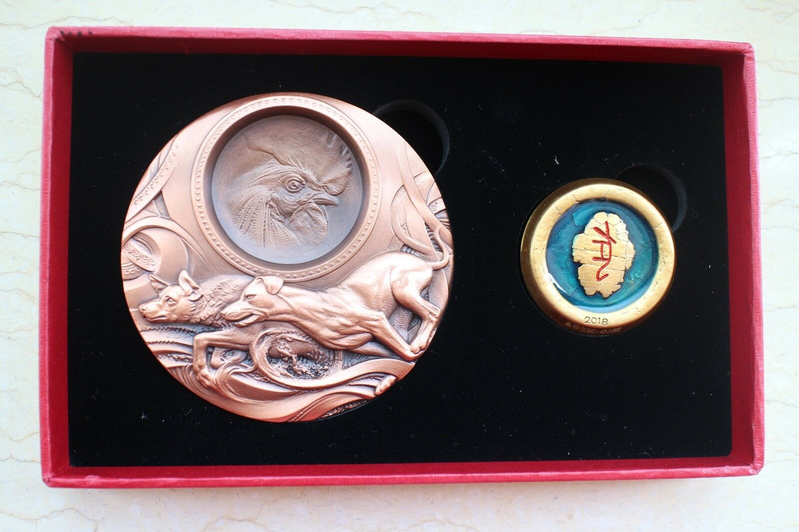 China 2018 Copper and Gold Plated Brass with Enamel Medals - Lunar Year of Dog - Fresh Stock Dated February 2026