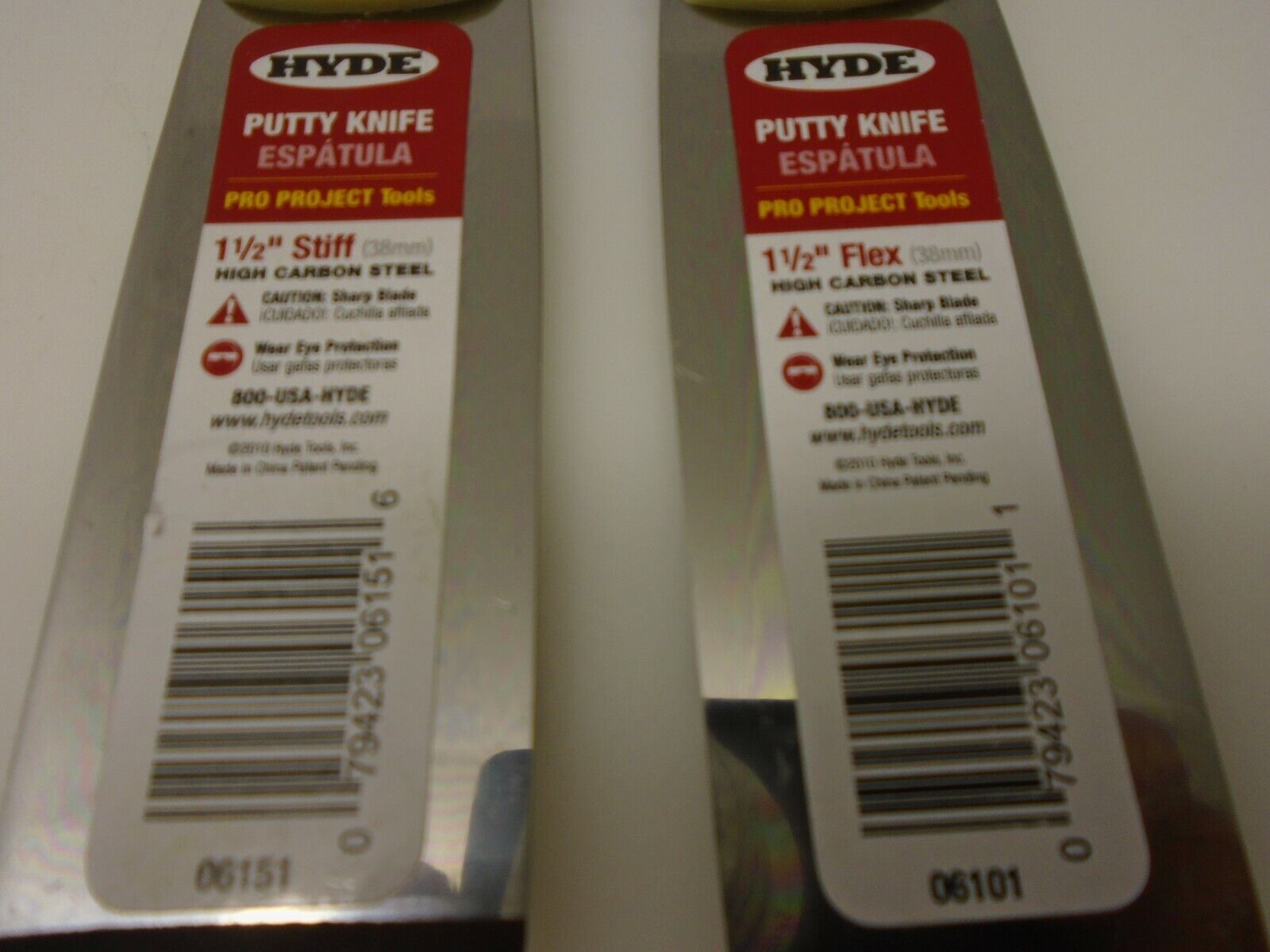 Hyde USA Pro Project Lot (2) 1.5 inch Putty Knives Flex & Stiff Carbon Steel New - Fresh Stock Dated February 2026