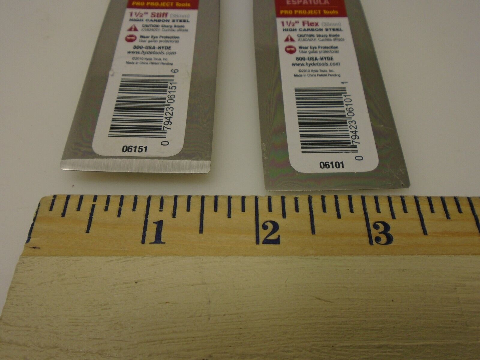 Hyde USA Pro Project Lot (2) 1.5 inch Putty Knives Flex & Stiff Carbon Steel New - Fresh Stock Dated February 2026