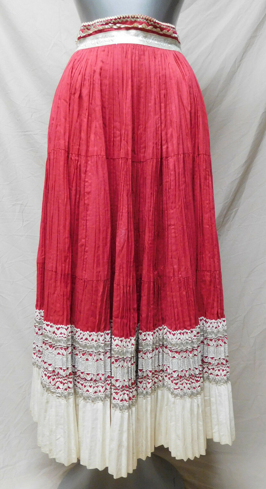 Vintage Red Metallic Silver Trim Pleated Circle Skirt - Fresh Stock Dated February 2026