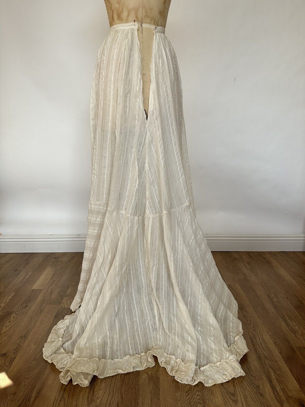 Gorgeous Antique 1900s Cotton Plisse Skirt Sheer Crochet Net Insets Afternoon XS - Fresh Stock Dated March 2026