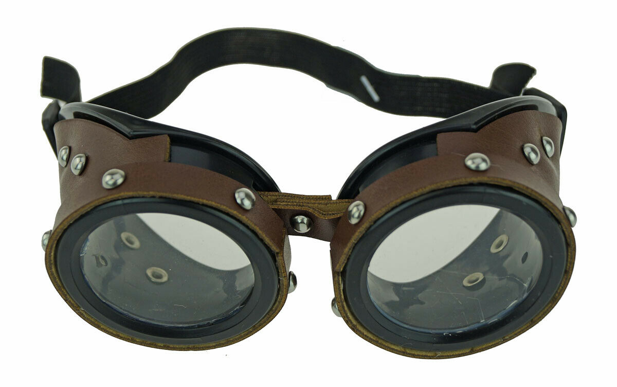 Brown Leather Aviator Costume Goggles With Metal Studs Steampunk Goggles - Fresh Stock Dated February 2026