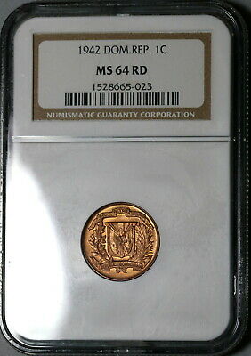 1942 NGC MS 64 RED Dominican Republic 1 Centavo Mint State Coin (20060801C) - Fresh Stock Dated December 2025