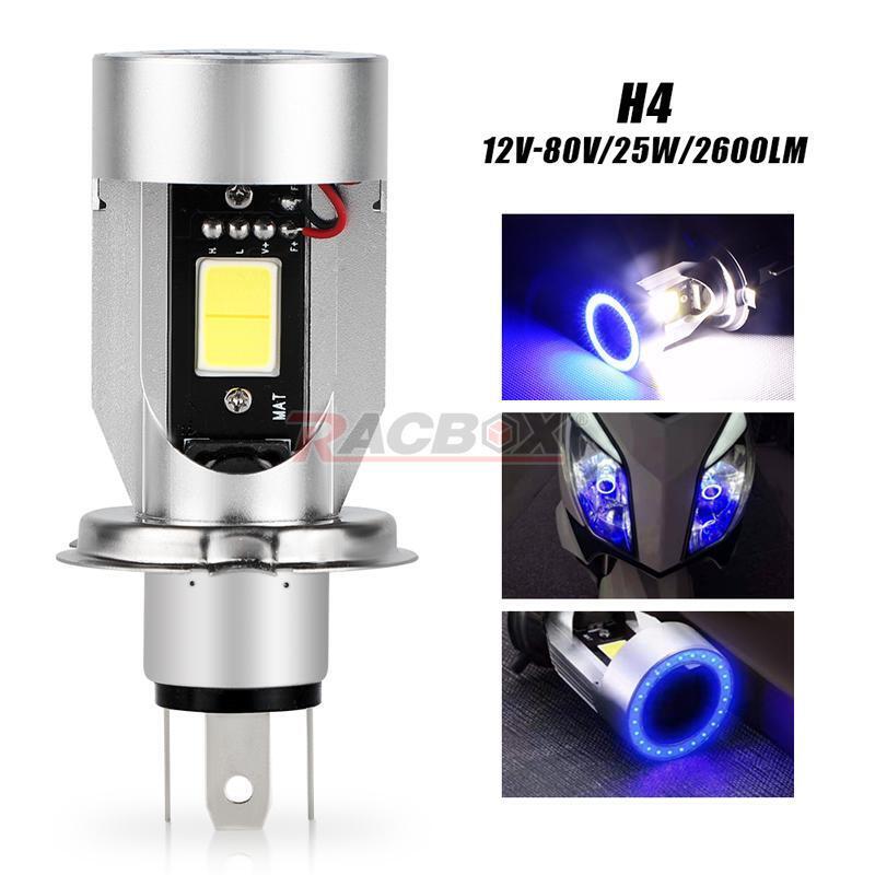 H4 9003 LED Motorcycle Headlight Bulb Hi/Low Beam White W/ Blue Angel Eyes Halo - Fresh Stock Dated February 2026