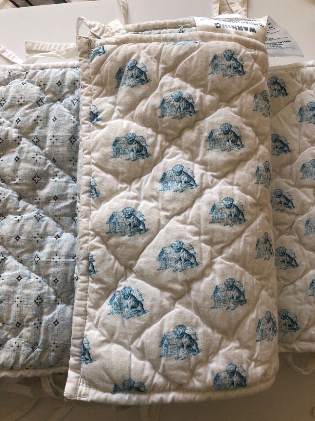 Pottery Barn Kids White Blue Dog Quilted Crib Bumper Pillow Cover Set - Fresh Stock Dated February 2026