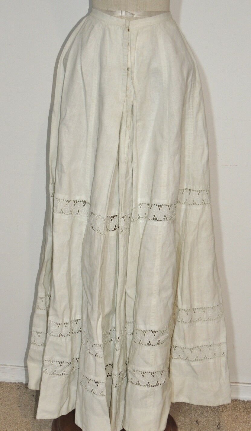 Victorian - Edwardian White Linen Skirt w Embroidered Trim sm w- 23 1/2 - Fresh Stock Dated February 2026