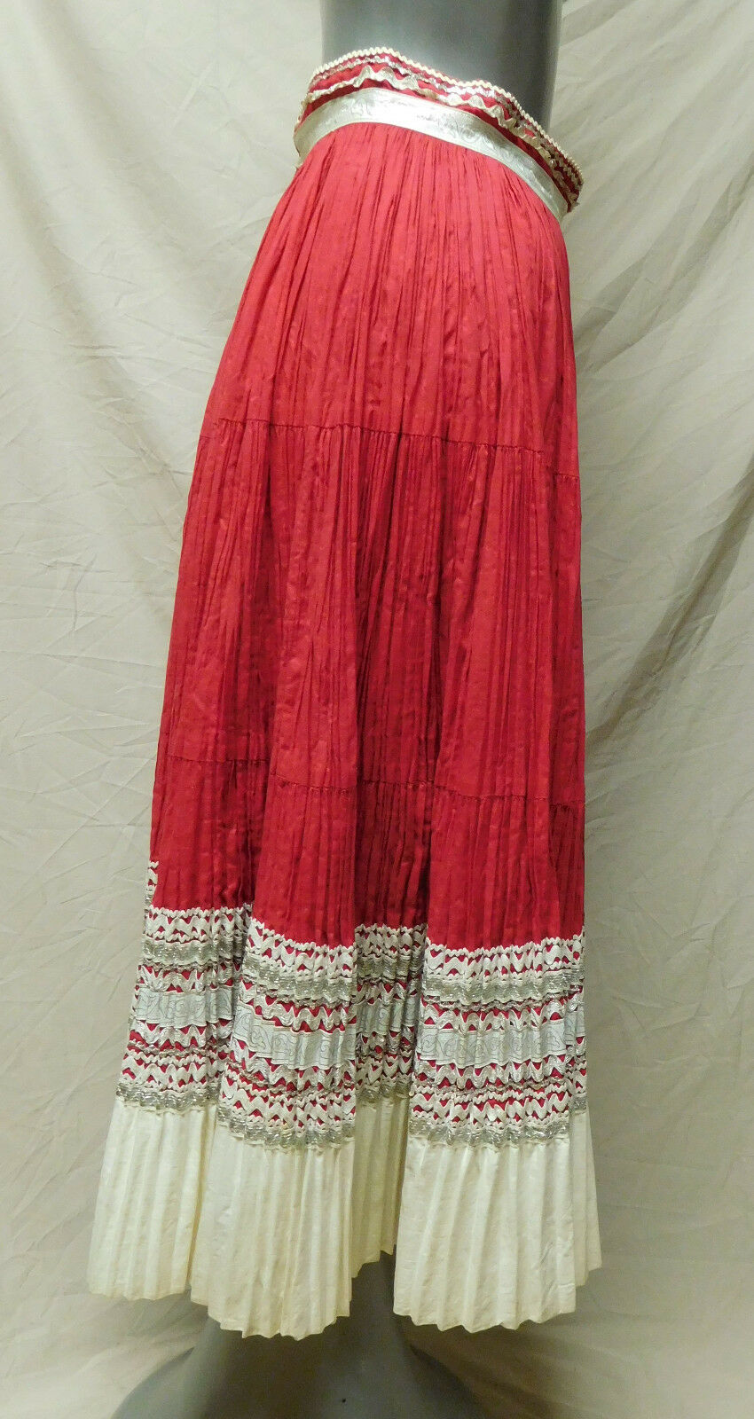 Vintage Red Metallic Silver Trim Pleated Circle Skirt - Fresh Stock Dated February 2026