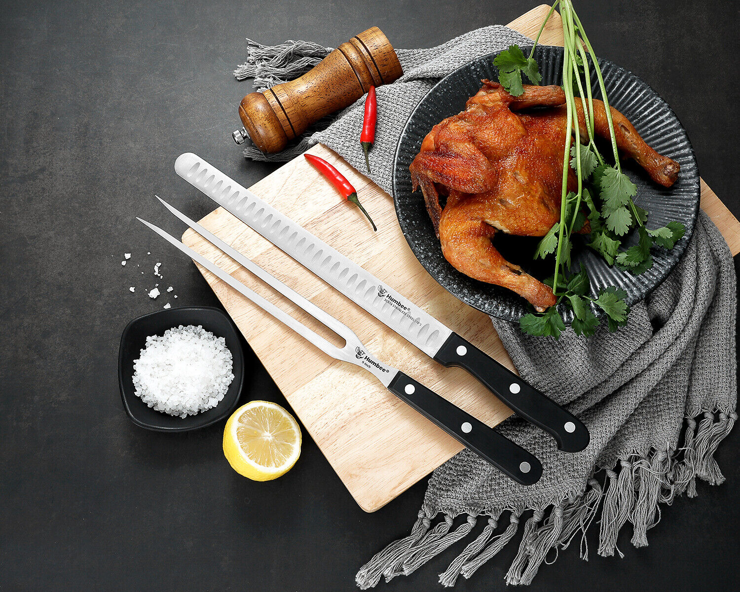 Humbee Chef Stainless Steel Granton Edge Carving Knife - Fresh Stock Dated February 2026