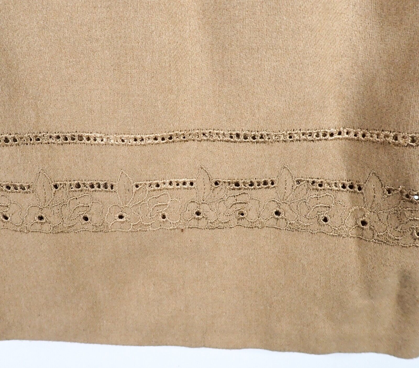 Vintage 80s Claude Fawn Tan 100% Wool Embroidered Border A-Line Skirt M 29