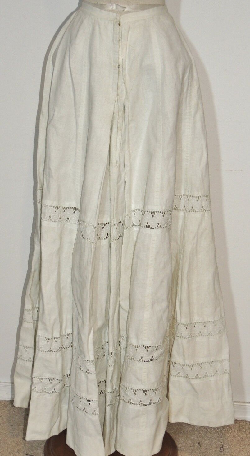 Victorian - Edwardian White Linen Skirt w Embroidered Trim sm w- 23 1/2 - Fresh Stock Dated February 2026