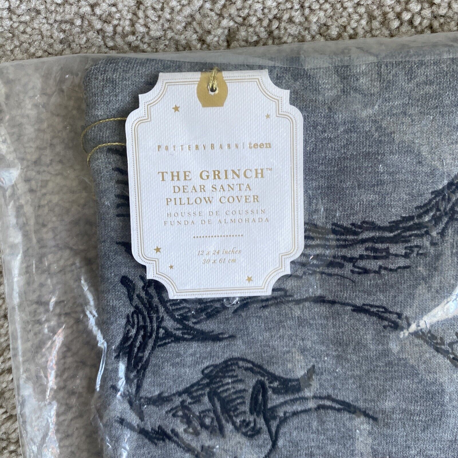 NEW Pottery Barn Teen THE GRINCH “Dear Santa” Pillow Cover Red Grey  24x12” - Fresh Stock Dated February 2026