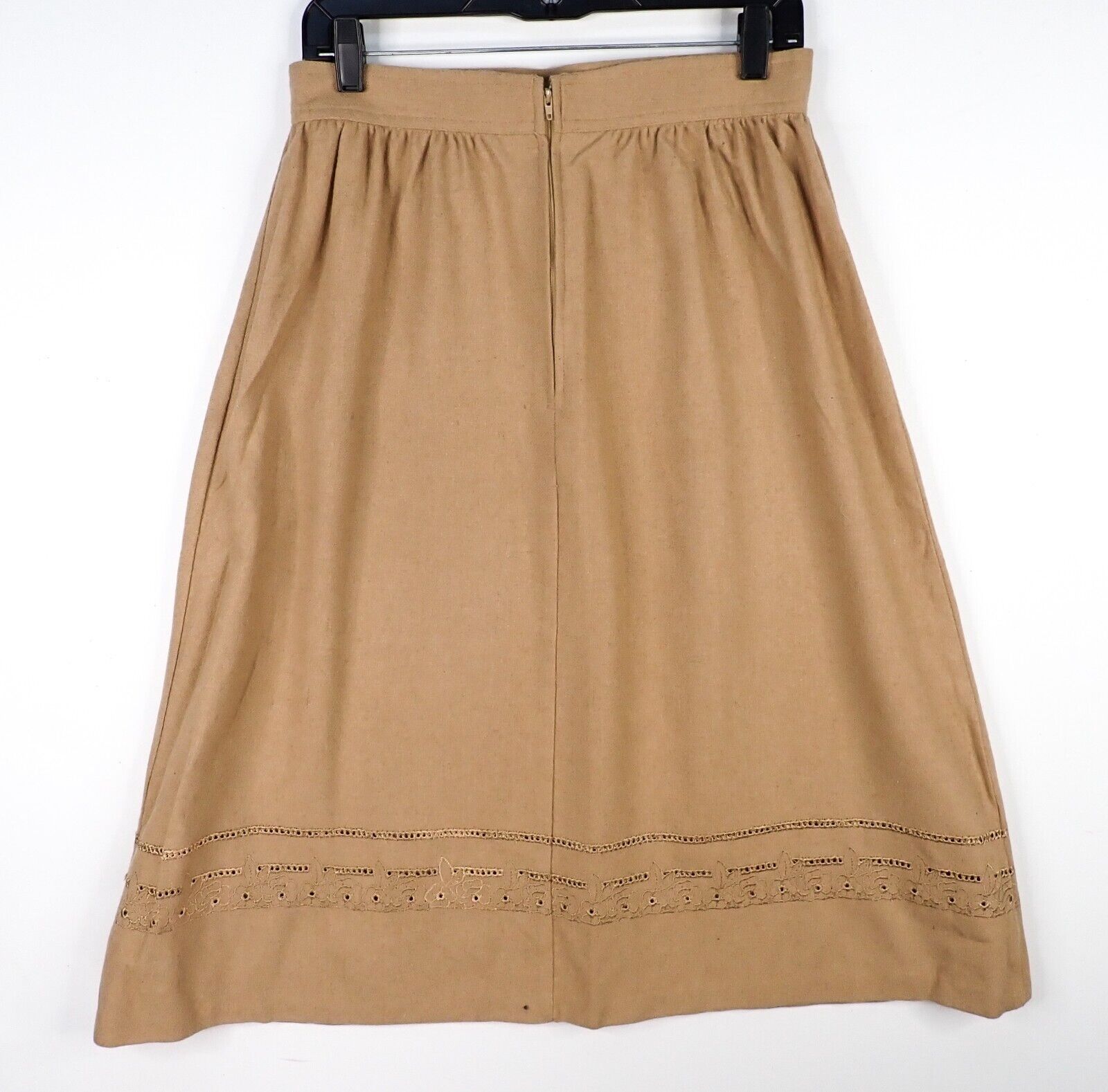 Vintage 80s Claude Fawn Tan 100% Wool Embroidered Border A-Line Skirt M 29
