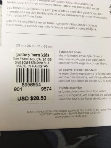 NWT! 2 Pottery Brn Kds Glow In The Dark Dino Bones Shams/ Standard/Blue/.50ea - Fresh Stock Dated December 2025