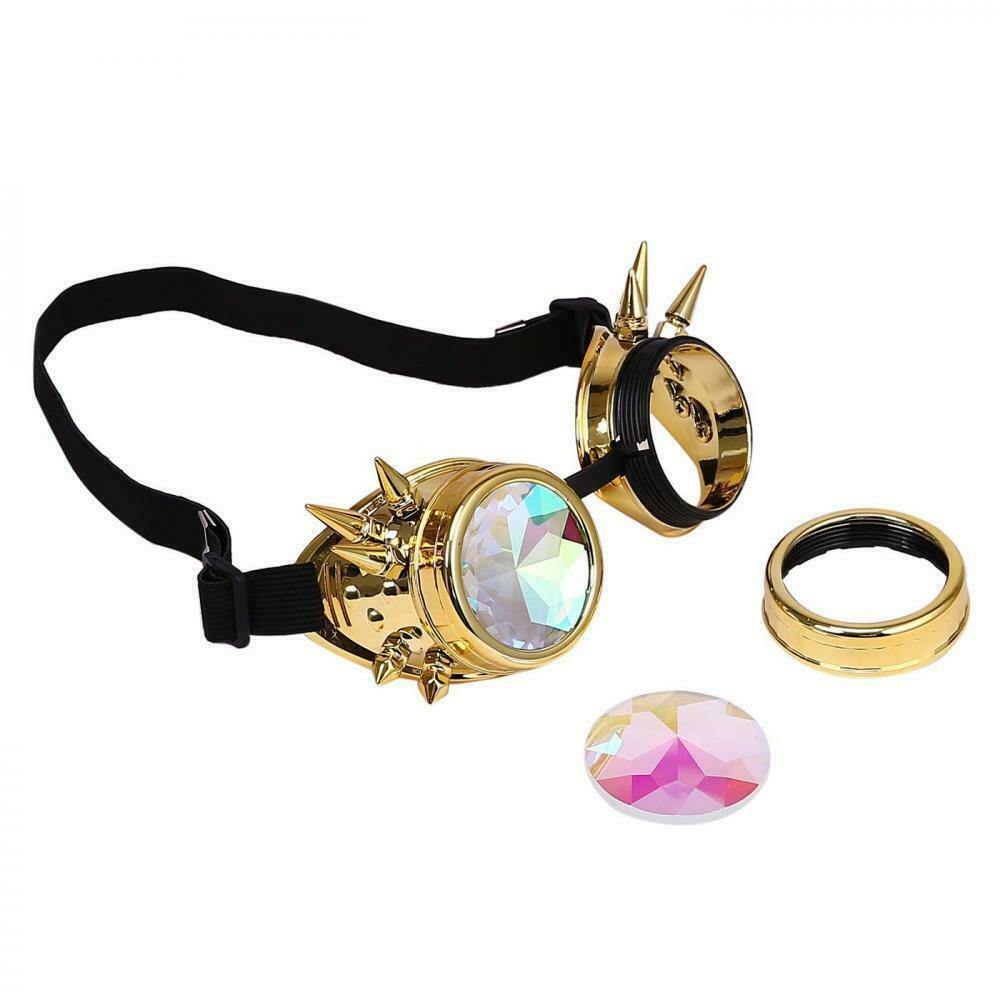Kaleidoscope Steampunk Goggles Crystal Lens Adjustable Party Glasses Gold Spikes - Fresh Stock Dated December 2025