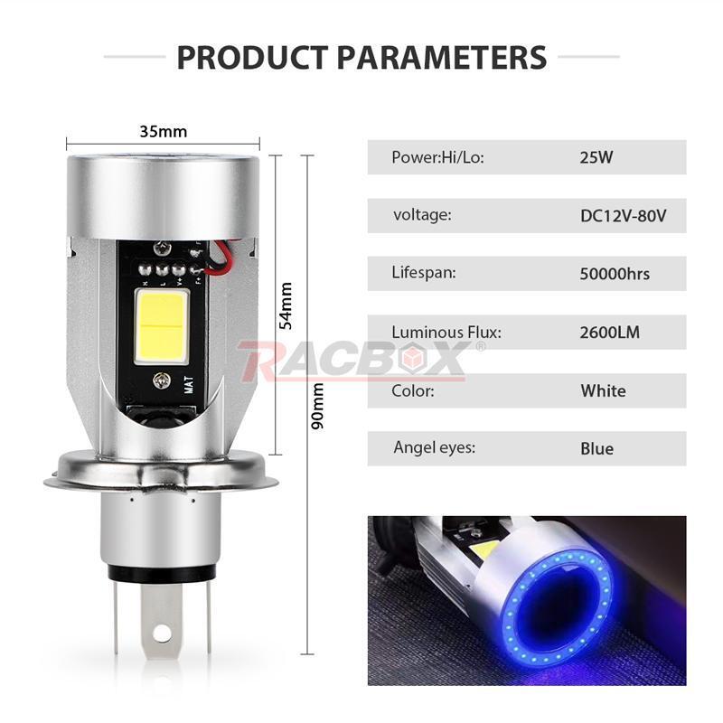 H4 9003 LED Motorcycle Headlight Bulb Hi/Low Beam White W/ Blue Angel Eyes Halo - Fresh Stock Dated February 2026
