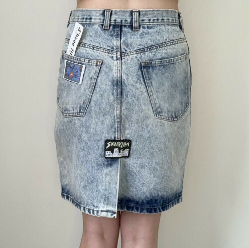 Deadstock 1980s Acid wash Denim Jean Skirt Patches Cotton Small 4/6 Stone Knee - Fresh Stock Dated February 2026