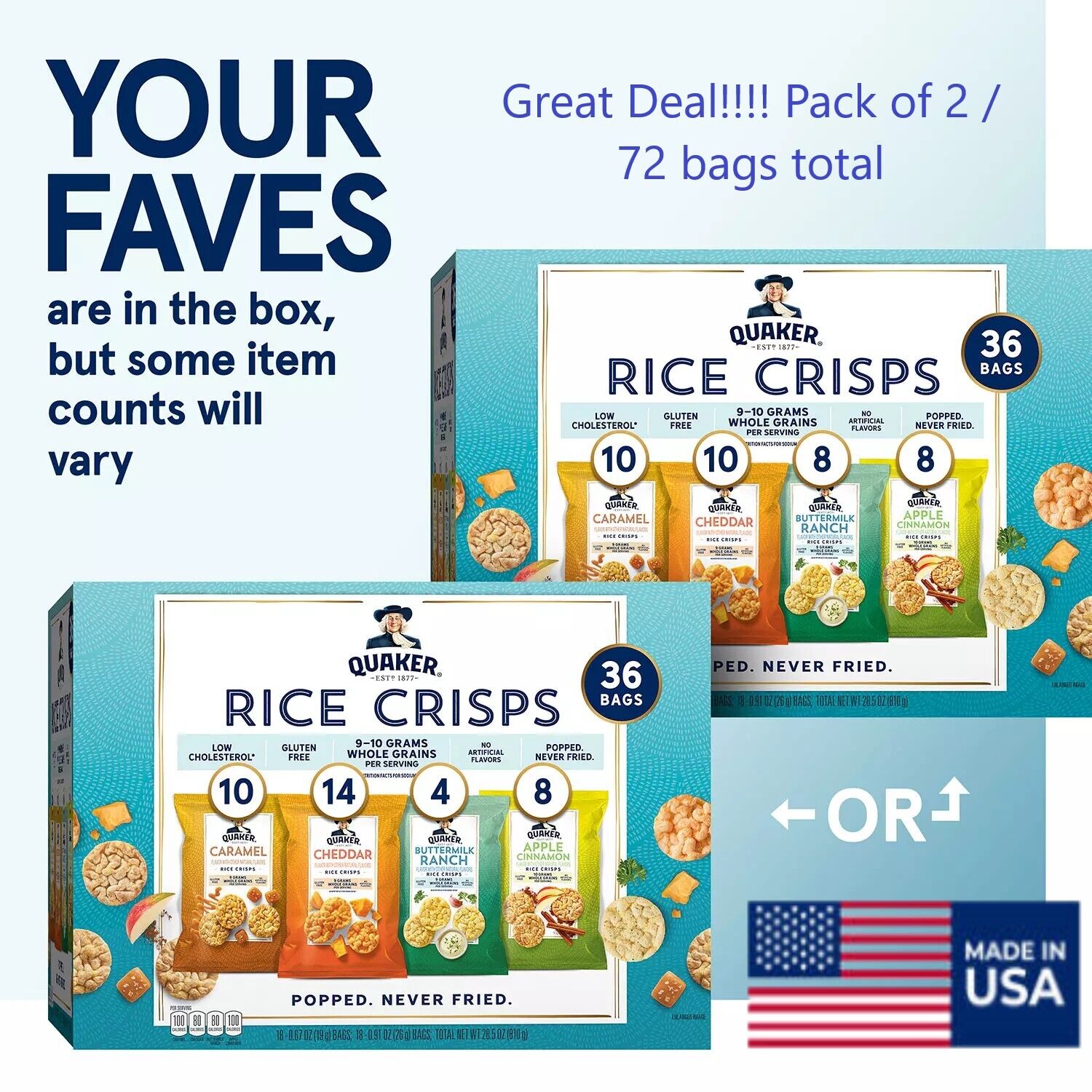 Quaker Rice Crisps Variety Family Pack (36 pk.) GREAT value 2-PACK - Fresh Stock Dated February 2026
