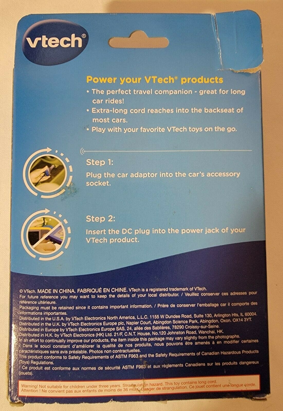 Vtech Car Adaptor Power On The Go   Extra Long Cord  NIB - Fresh Stock Dated February 2026