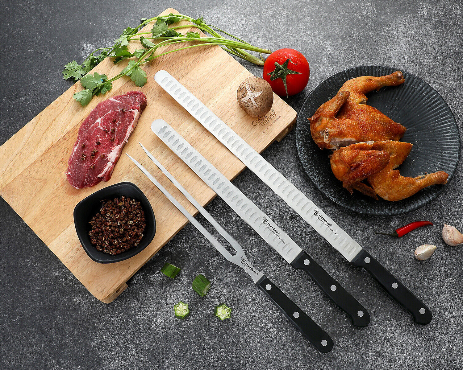 Humbee Chef Stainless Steel Granton Edge Carving Knife - Fresh Stock Dated February 2026